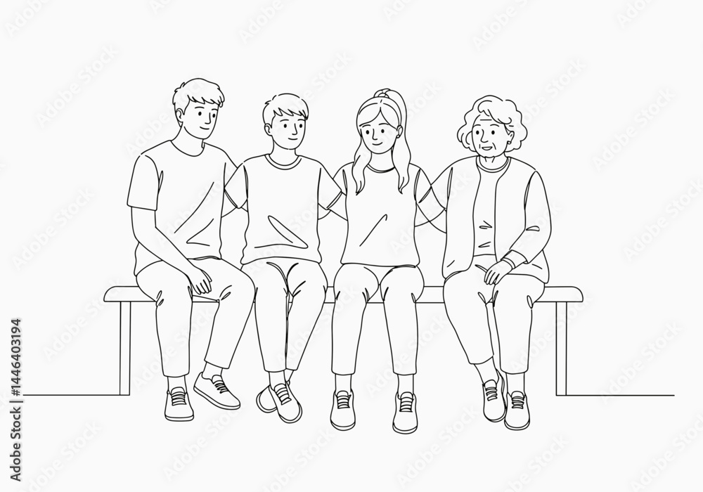Line Drawing of Four People Sitting Together on a Bench Line Drawing of Four People Sitting Together on a Bench
