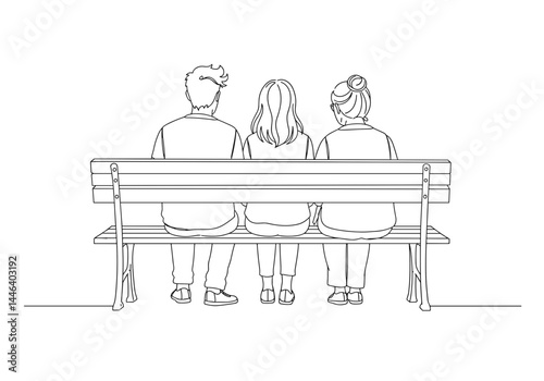 Three Friends Sitting on a Bench in Minimalist Outline Style  