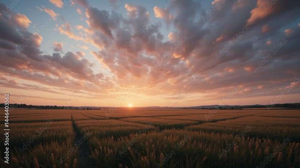Golden sunset over vast agricultural field landscape