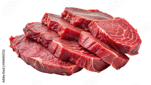 Close up of sliced raw beef meat on a transparent background ready to cook