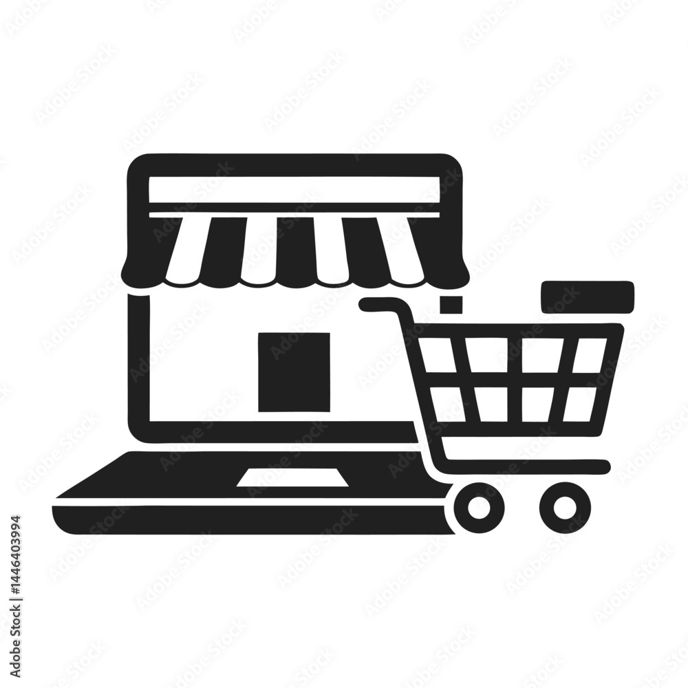 Black Icon of Storefront on Laptop with Cart, Minimalist Style Symbol Concept Art Black Icon of Storefront on Laptop with Cart, Minimalist Style Symbol Concept Art
