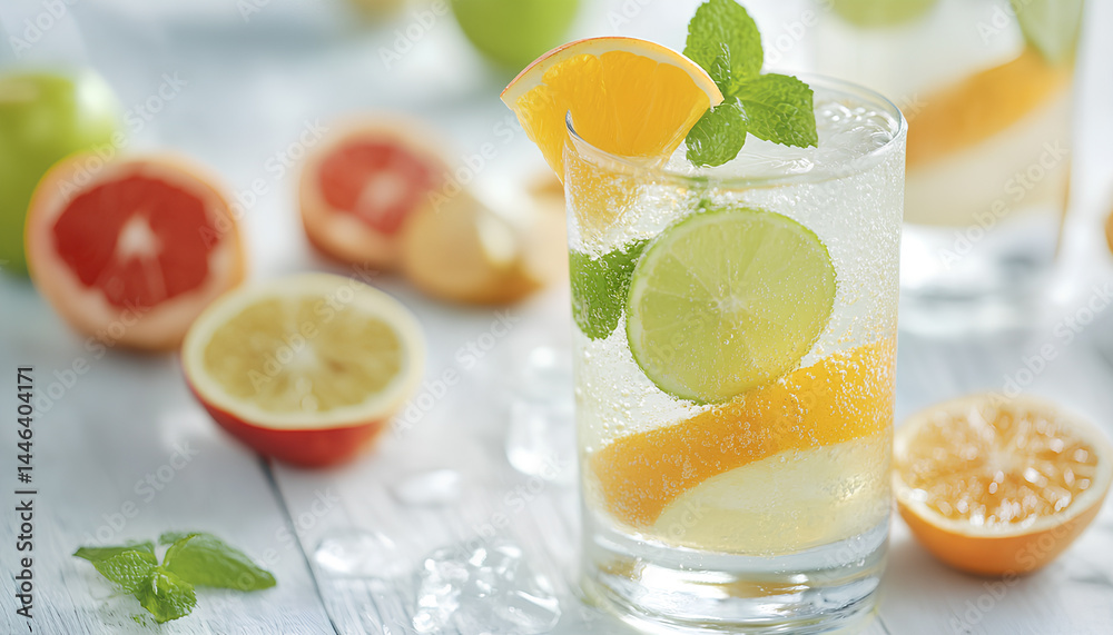 Refreshing apple juice and fruits on white wooden table, close-up