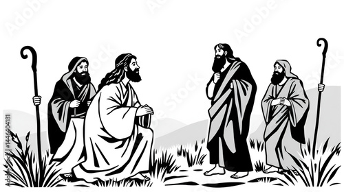 Vector illustration of Jesus Christ and disciples at Emmaus - black design for stickers and prints