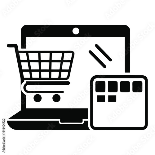 Isolated black and white design features a shopping cart, computer, and a credit card