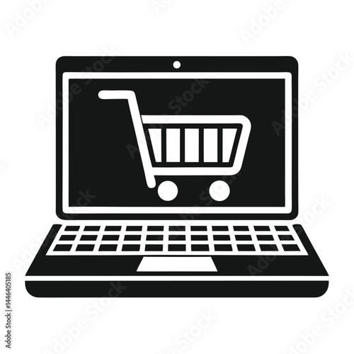 Laptop with Shopping Cart Black and White Minimalist Design, Clean Simple Icon, Elegant