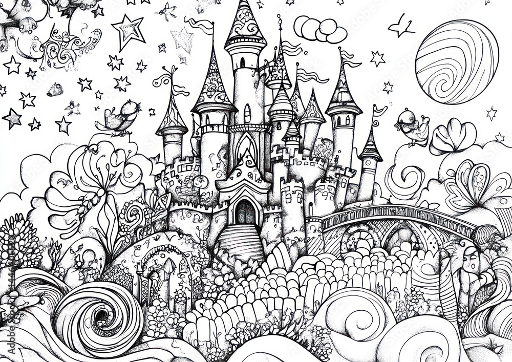 Naklejka premium Enchanting black and white castle drawing, intricate details, stylized fantasy landscape with towers, swirling patterns, stars, birds, and clouds