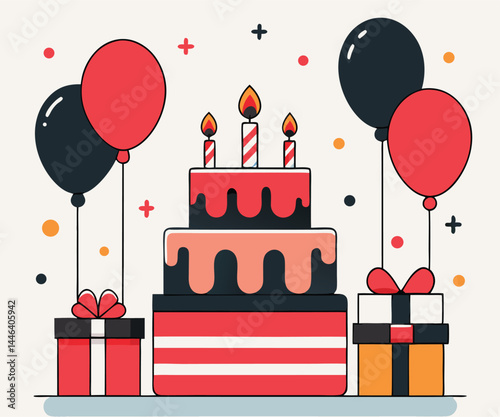 Three tiered cake adorned with candles stands between gifts and red and black balloons