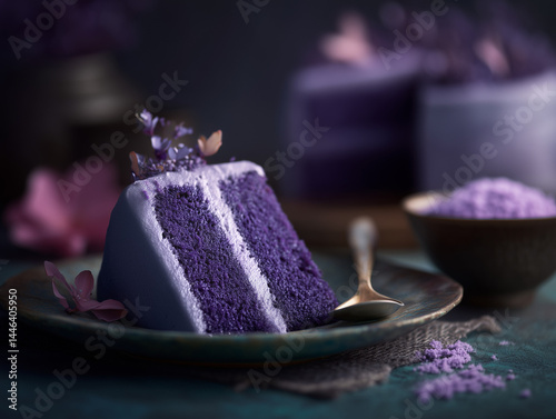 ube cake slice purple filipino dessert food photography frosting photo