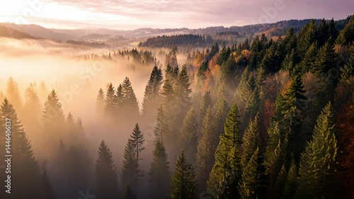 Misty Forest Landscape at Sunrise with Autumn Colors and Fog