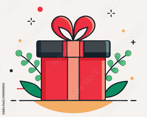 Red gift sits on a neutral background among green leaves, with a ribbon on top