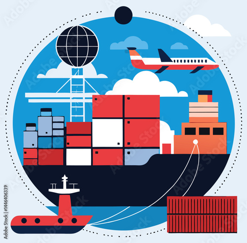 Colorful cargo ships and airplanes illustrate modern global transportation and worldwide trade concepts