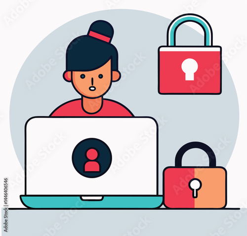 Fairskinned woman uses a laptop with two padlock icons alongside her figure on a light backdrop