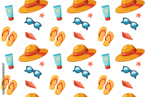 Seamless Summer Pattern with beach straw Hats, Sunglasses, Flip-flops, sunscreen tubes, red Shells and little Starfish