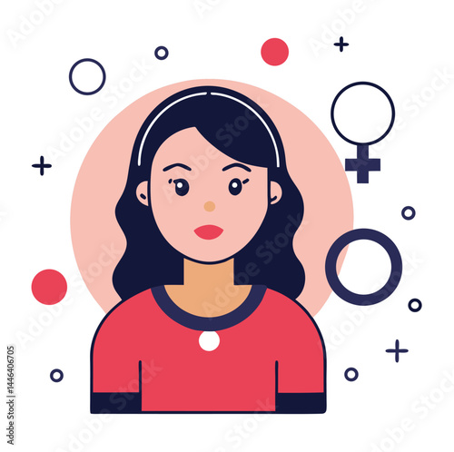 Young brunette woman with short hair stands amid minimalist feminine symbols and geometric shapes