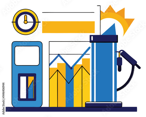 Bright gas station icon shows energy rising with graphs and sun shining above pump