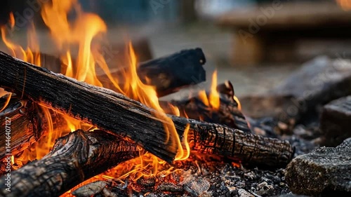 Warm Campfire Flames with Burning Logs at Night in Nature