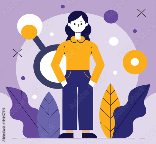 An illustration depicts a confident woman standing with hands in pockets against a violet background