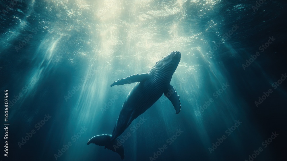 Fototapeta premium Whale swimming upward in deep, sunlit ocean waters