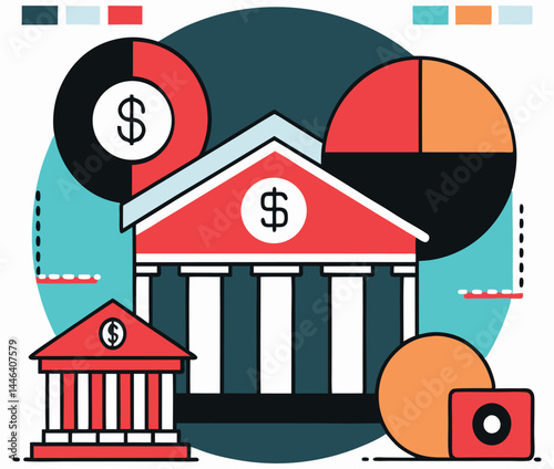 Banks illustrated with money charts and geometric shapes show financial services in concept vector