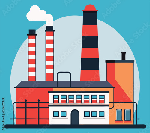 Bold factory buildings reveal industrial landscape featuring red stripes and white smoke against blue