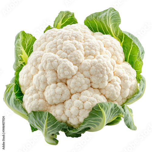 Fresh cauliflower with green leaves isolated on white background