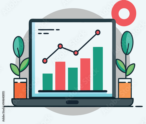 Line graph and bar chart appear on a laptop surrounded by potted plants
