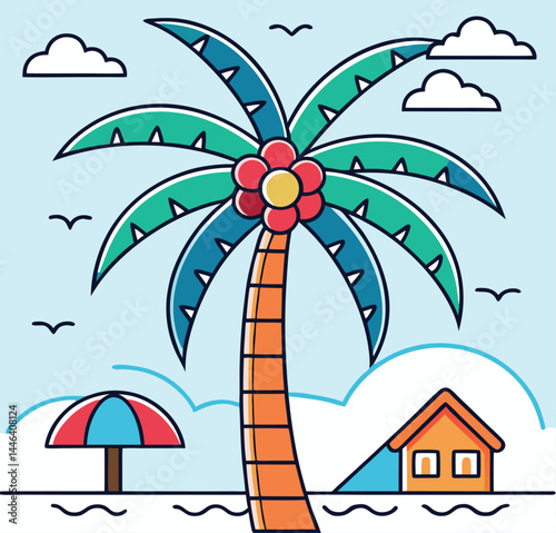 Stylized beach features a palm tree, bungalow, umbrella and birds
