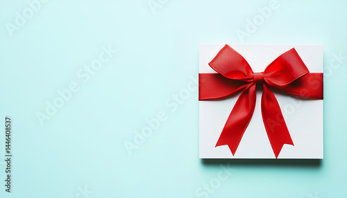 Blank gift card with red bow on light blue background, top view. Space for text
