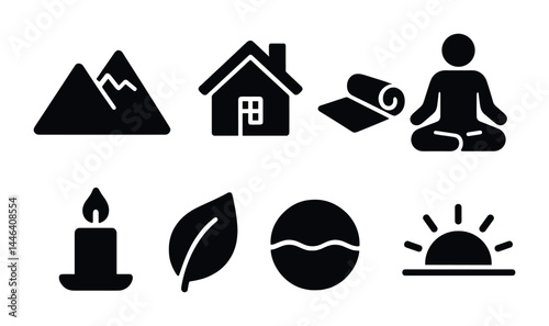 Meditation and wellness solid icons set – filled style mindfulness, yoga, and relaxation symbols for holistic living: mountain, home, yoga mat, meditating figure, candle, leaf, wave, sunrise.