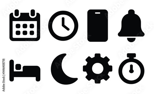 Time management solid icon set – filled style schedule, planning, and productivity symbols for organization: calendar, clock, id badge, bell, bed, moon, gear, stopwatch.