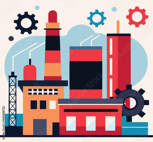Several colorful geometric industrial buildings stand beneath blue gears against a light background