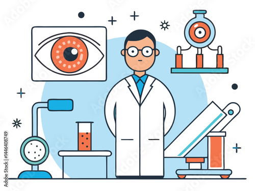 Cartoon asian doctor standing with eye chart and laboratory equipment creates transparent background