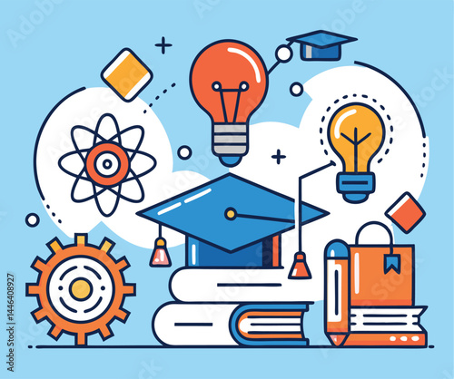 Symbolic academic elements showcase a light bulb, gear, atom, and a mortarboard graduation cap