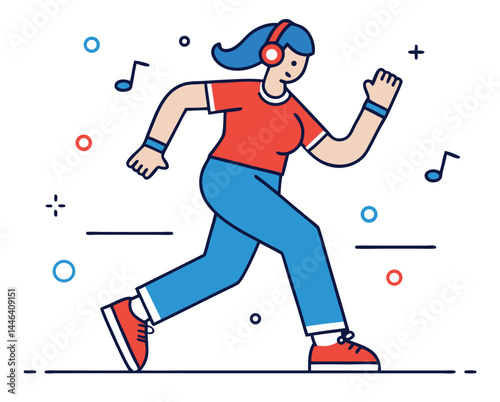 Animated woman with blue hair listens to music while jogging forward happily