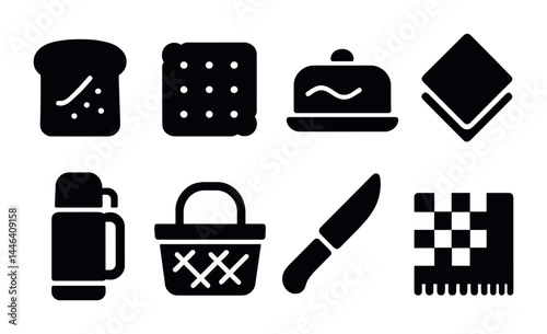 Picnic essentials solid icons set – flat style outdoor, leisure, and dining symbols for fun gatherings: bread, cracker, butter dish, napkin, thermos, basket, knife, blanket.