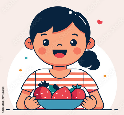 Smiling cartoon Asian girl holds a bowl overflowing with ripe strawberries illustration