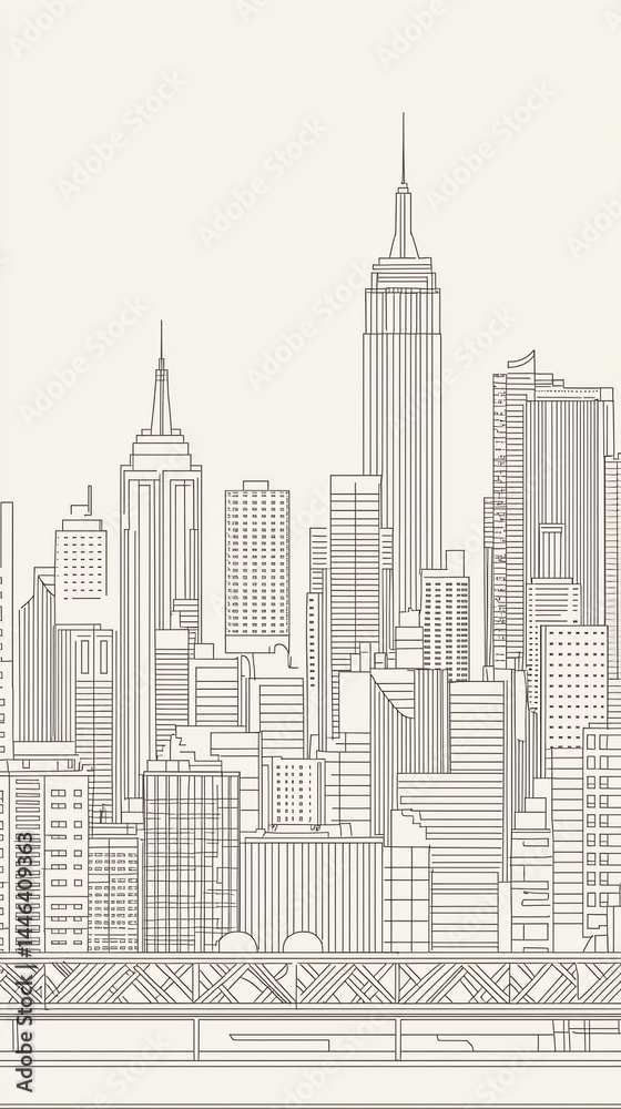 Fototapeta premium Minimalist Monochrome New York Cityscape Skyline Illustration: Urban Architecture & Modern Art Design