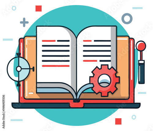 An open book shows a gear, magnifier, and tools against a teal backdrop