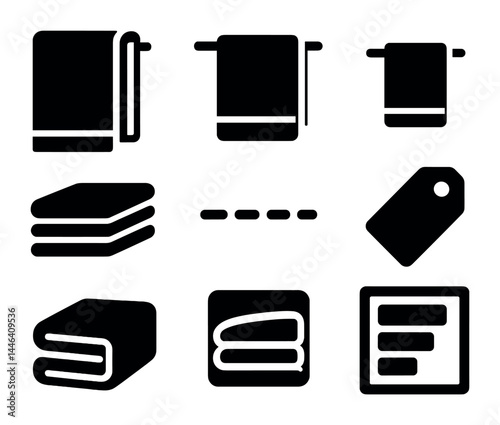 Bathroom essential icons set – solid style home, bath decor, and hygiene symbols for interior design: towel, hanger, folded laundry, label, soap, toiletries, tag, shelf.