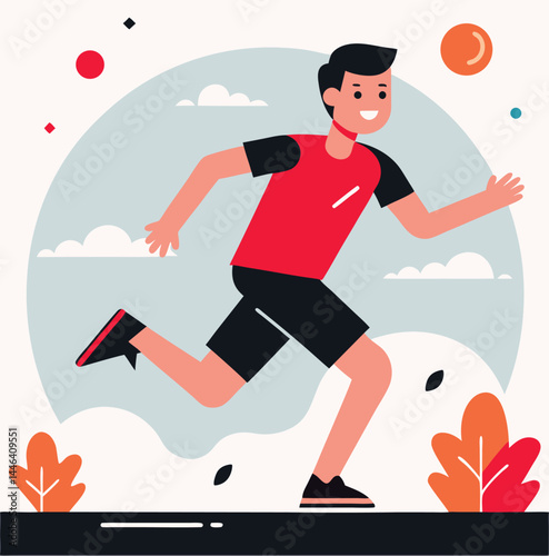 Happy Asian man wearing sportswear is jogging outdoors in a stylized abstract scenery
