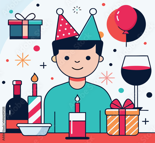 Joyful man wearing two hats smiles amidst gifts and drinks during celebration