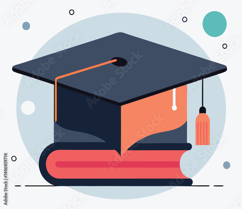 A dark cap and light orange tassel sit on a layered book surface