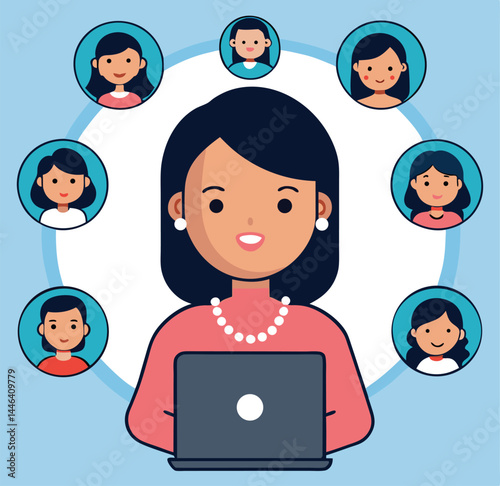 Smiling woman uses laptop surrounded by diverse individuals in circular avatars on blue backdrop