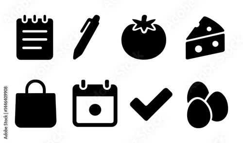 Grocery shopping solid icons set - silhouette style market, food, and retail symbols for consumer needs: notepad, pen, tomato, cheese, bag, calendar, checkmark, eggs.