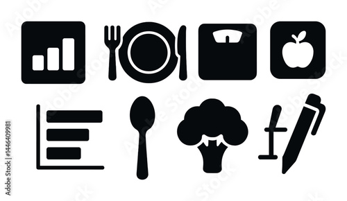 Health and nutrition solid icon set - flat style for wellness, diet, and food planning: bar chart, fork and spoon, plate, scale, apple, broccoli, pen.