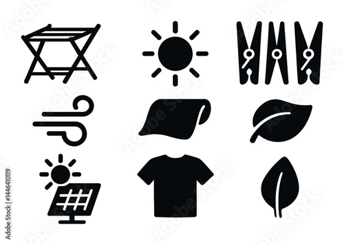 Laundry and eco-friendly solid icons set – filled style for sustainability and cleanliness: drying rack, sun, clothespin, wind, towel, leaf, solar panel