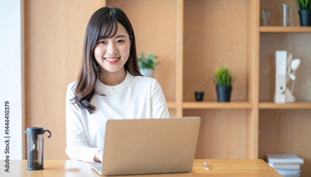 ノートパソコンを持つ若い日本人ビジネスウーマン ノートパソコンを持つ若い日本人ビジネスウーマン