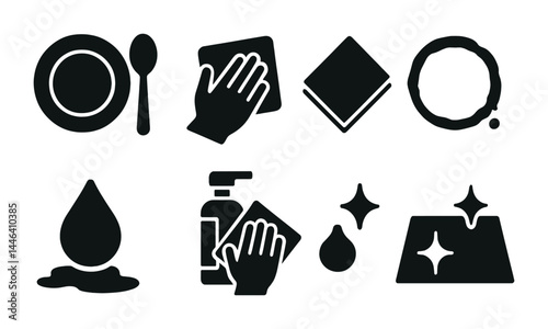 Household cleaning silhouette icon set – solid style home, hygienic, and sanitation symbols: sponge, cloth, cleaning spray, water droplet, dish, soap, shine, cup stain.