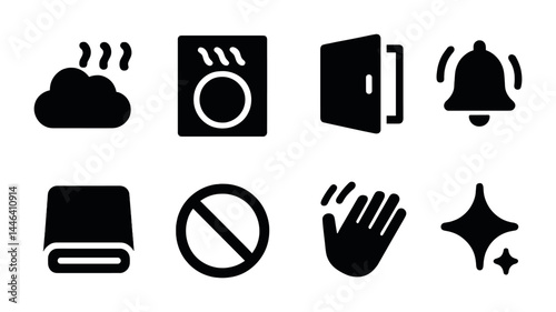 Home and laundry solid icons set – silhouette style housekeeping, cleaning, and maintenance symbols for household tasks: dryer, door, alarm, towel, detergent, wash, sanitize.