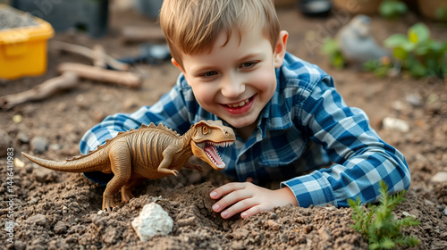 Happy child digging the dinosaur and having fun with archaeology excavation kit. Boy plays an archaeologist excavated, training for dig fossil